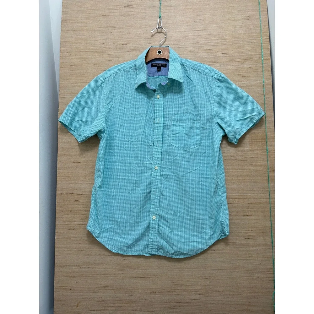 Banana Republic‎ Soft Wash Mens Medium Teal Gingham Short Sleeve Button Down